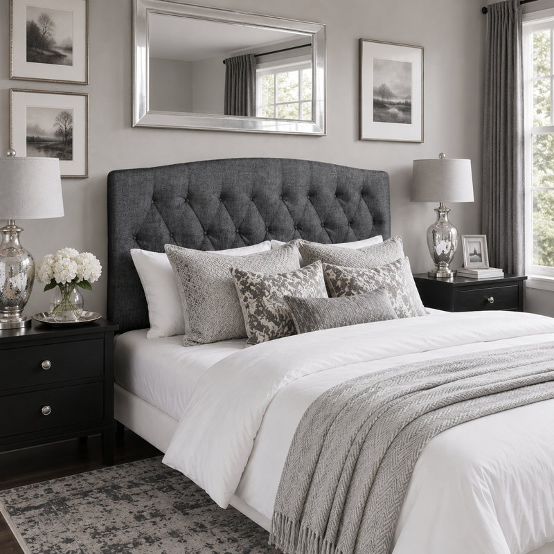 Tête de lit tapissier Camelback, Grand lit, Gris mousse