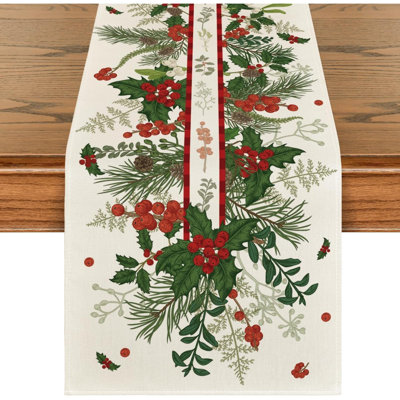 Chemin de table houx en pin avec feuilles de cône de Noël, décoration de table de salle à manger pour la maison