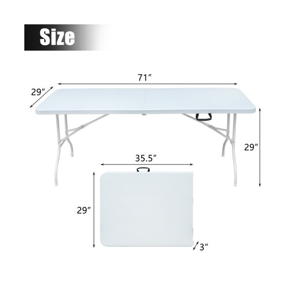 Table pliante portative 6 pieds avec plateau imperméable et poignée de transport, blanc, 29" H x 71" L x 29" D, White