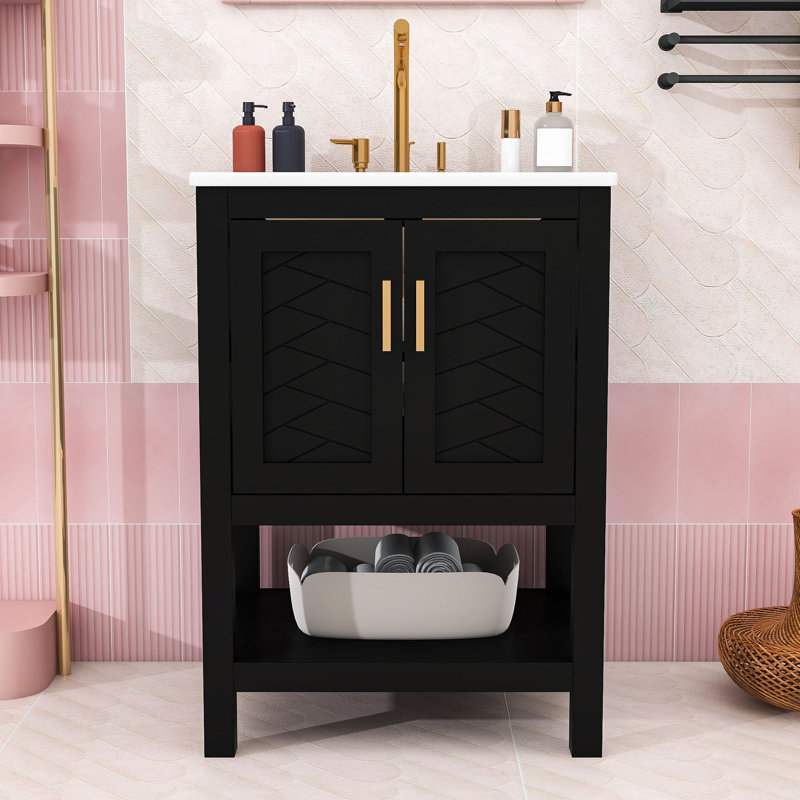 Meuble-lavabo en bois avec tablette réglable et portes, Noir