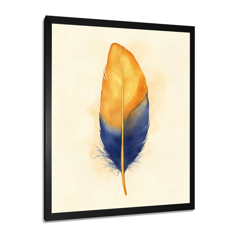 Plume de luxe jaune et bleue à pointes dorées II - Tableau encadré glamour, H 44 po x l 34 po, Black Picture Framed