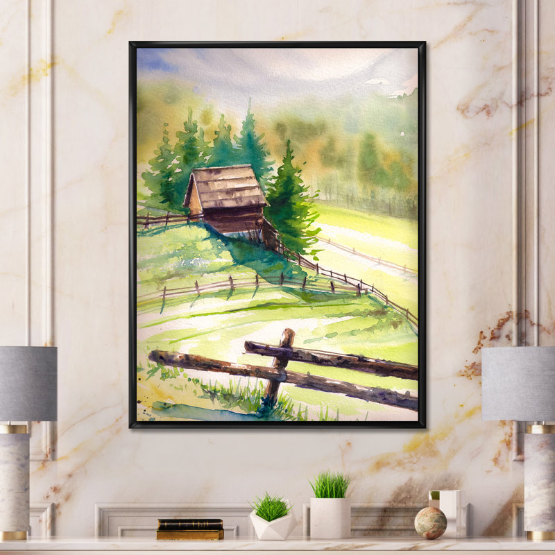 Petite maison dans les montagnes vertes - Peinture sur toile, H 44 po x l 34 po x P 1,5 po, Cadre flottant noir
