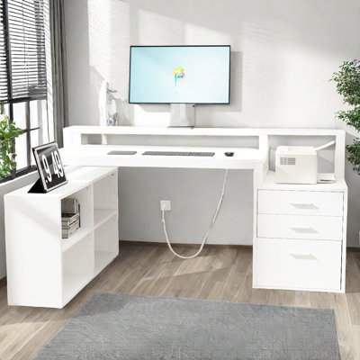 Bureau en L Balconera de 65 po avec prises de courant, lumières DEL et support pour écran