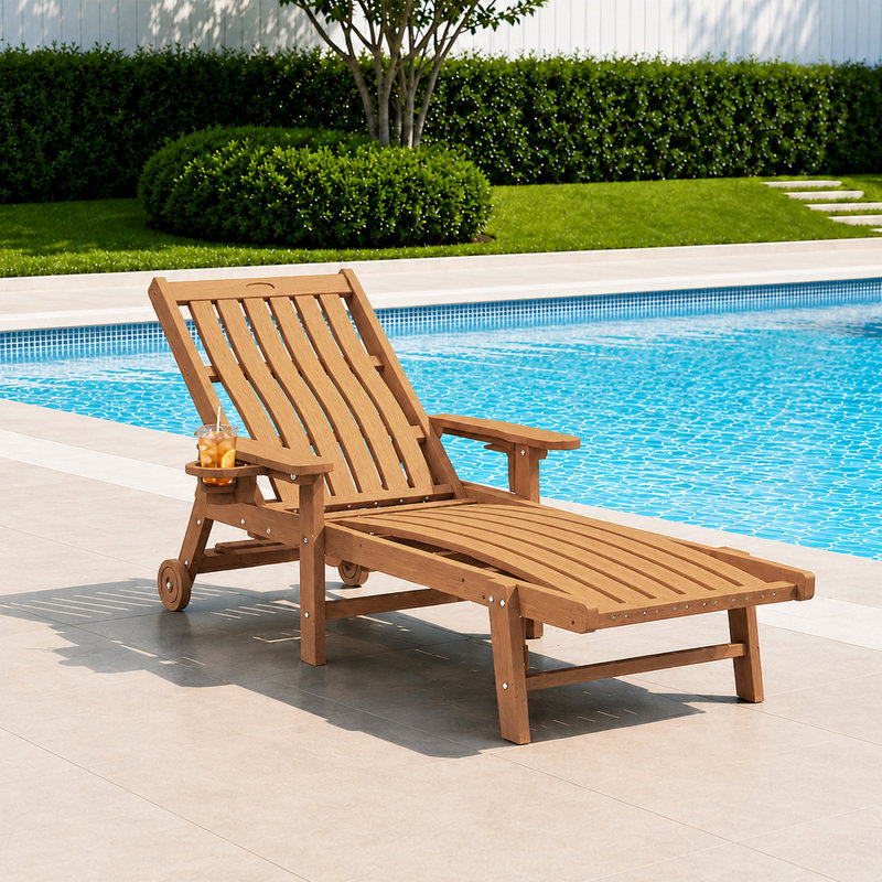 Dareona Outdoor HDPE Adjustable Reclining Chaise Lounge Chair With Wheels & Cup Holder in Teak, Teak