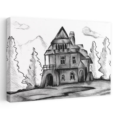 Affiche murale représentant un mystérieux manoir de montagne, une architecture gothique rustique et traditionnelle en forêt