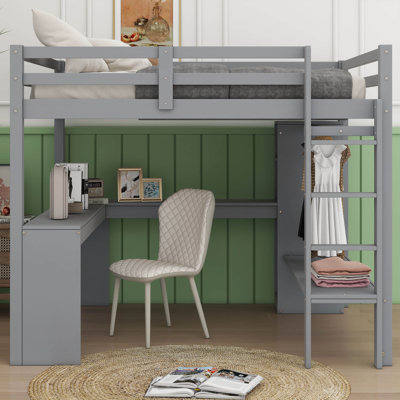 Lit mezzanine simple avec bureau en L, garde-robe et tablettes