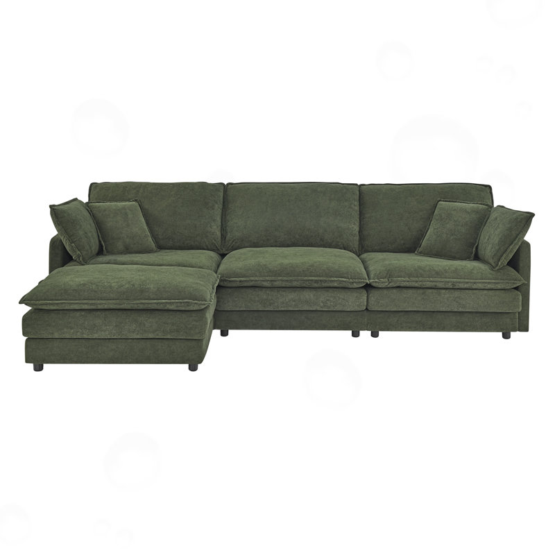 L-ShapeModern Sectional Sofa with Ottoman, Green Polyester Blend