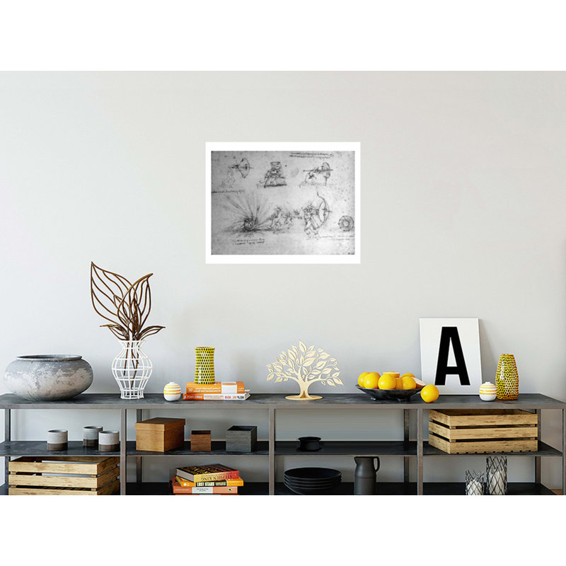 Study with Shields for Foot Soldiers and an Exploding Bomb by Leonardo da Vinci - Giclee Print, 22" H x 28" W