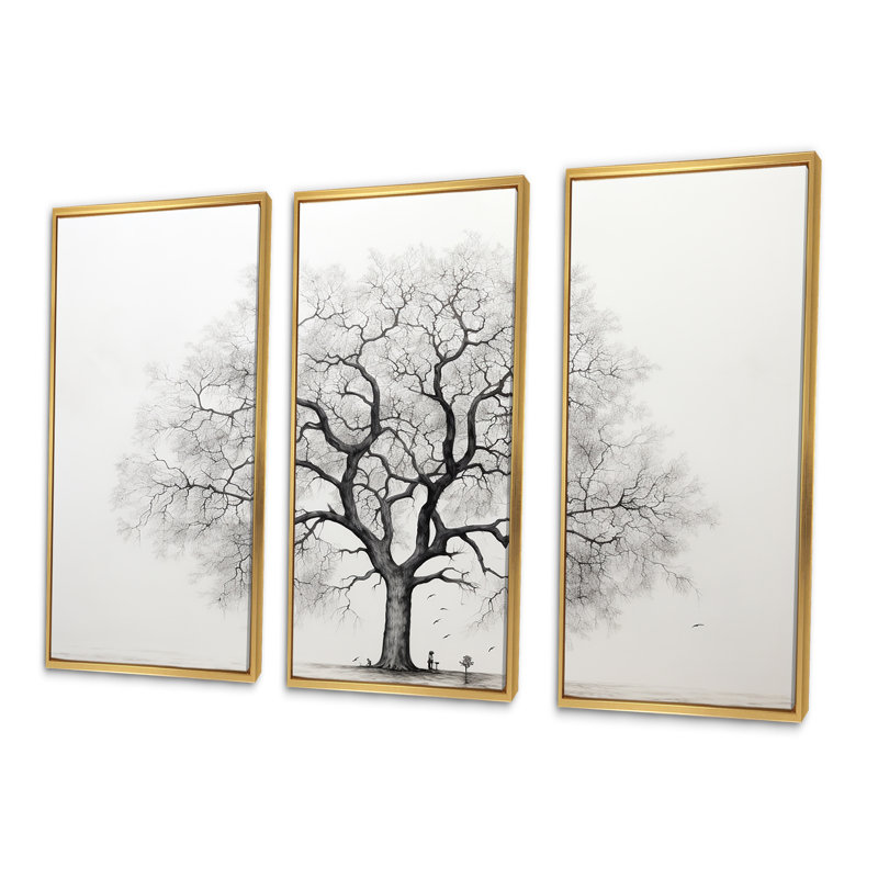 «White and Grey Minimalisme Maple Tree I», ensemble d'art sur toile érable, Cadre flottant doré, H 28 po x l 36 po x P 1 po