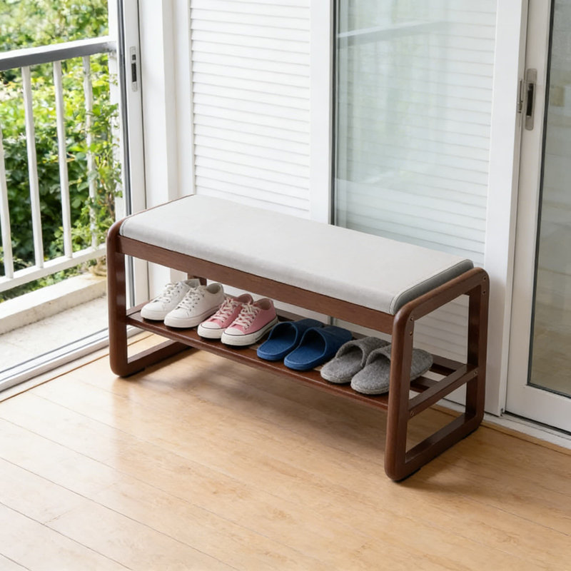Solid Wood Entryway Bench With Storage And Cushion, 2-Tier Shoe Rack And Ottoman For Hallway, Living Room Or Bedroom, Mid-Century Modern Design