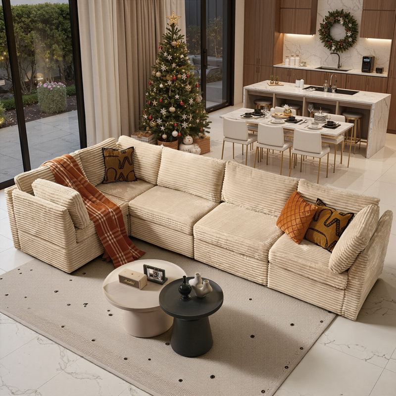 5-Piece Upholstered Corduroy Sectional, Beige Corduroy