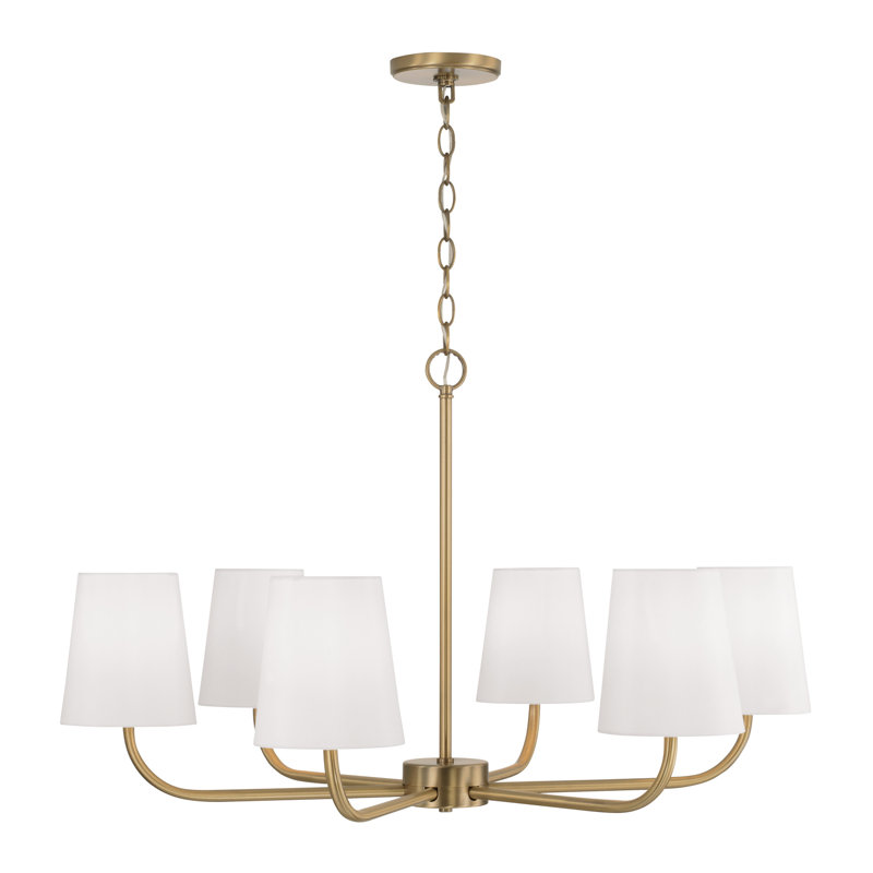 Lustre 6 lumières en laiton vieilli l 34,50 "x H 21" avec abat-jours en tissu blanc, Laiton vieilli