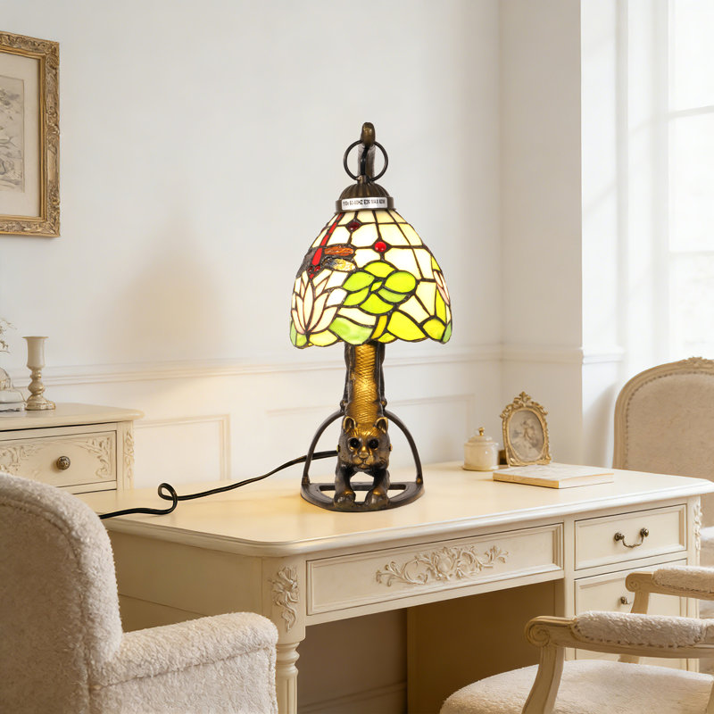 Tiffany-Style Stained Glass Table Lamp Bronze Resin Cat Shade Base Desk Lamp