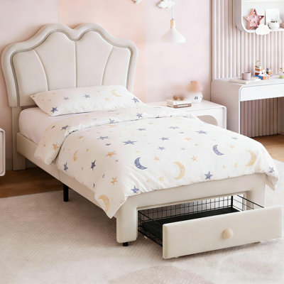 Cadre de lit simple avec rangement, cadre de lit tapissier à DEL avec tête de lit, joli cadre de lit plateforme en velours pour enfants, filles, support de lattes de bois, aucun sommier requis, assemblage facile, blanc