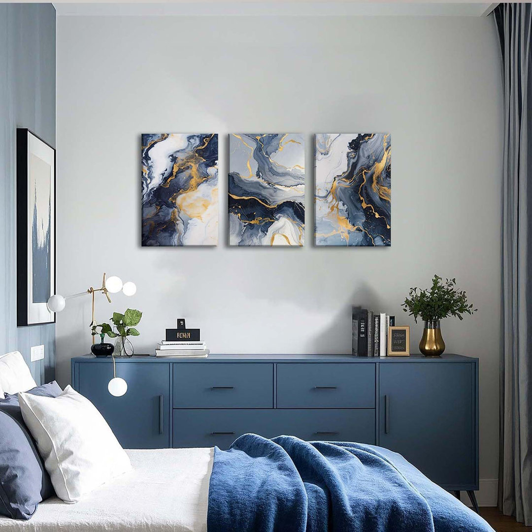 3Pcs Modern Abstract Canvas Framed Wall Art,Navy Blue And Gold Wall Art Decor Posters Prints For Living Room Bedroom Bathroom Office16x24in