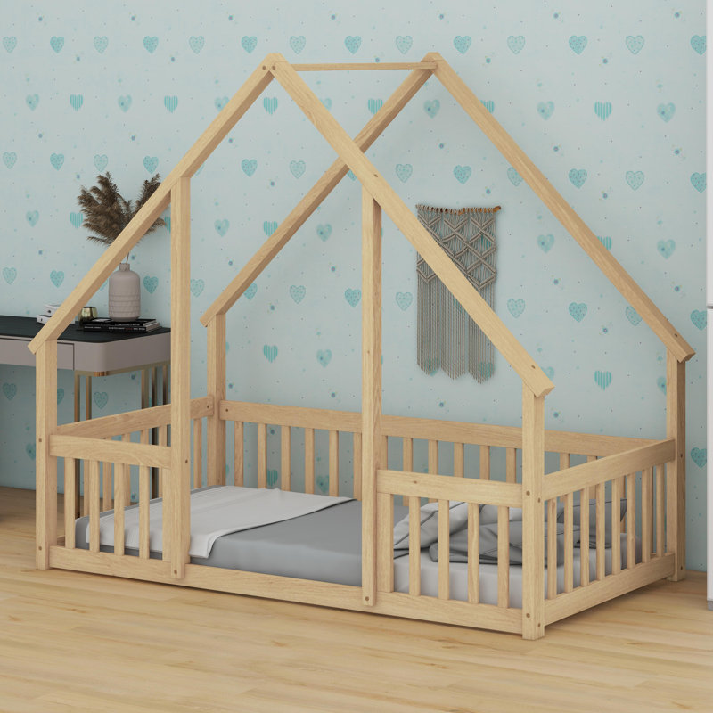 Lit mezzanine bas confortable avec clôture en bois, Naturel