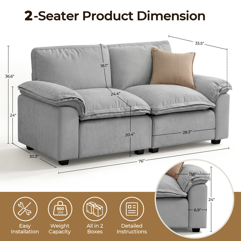 72" Chenille Upholstered Cloud Sofa 2-Seater Couch Comfy Loveseat Sofa for Apartment Bedroom Living Room, Gray
