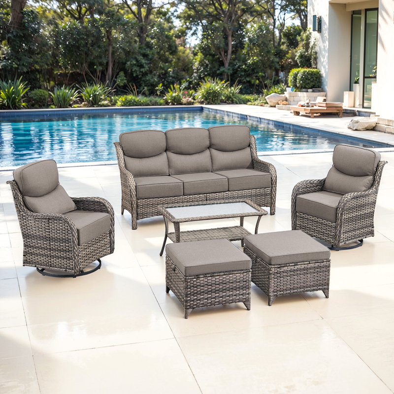  6-Piece Patio Furniture Set With Swivel Glider Chairs, 6-Inch Ultra-Plush Cushions & Water-Resistant Olefin Fabric, Gray
