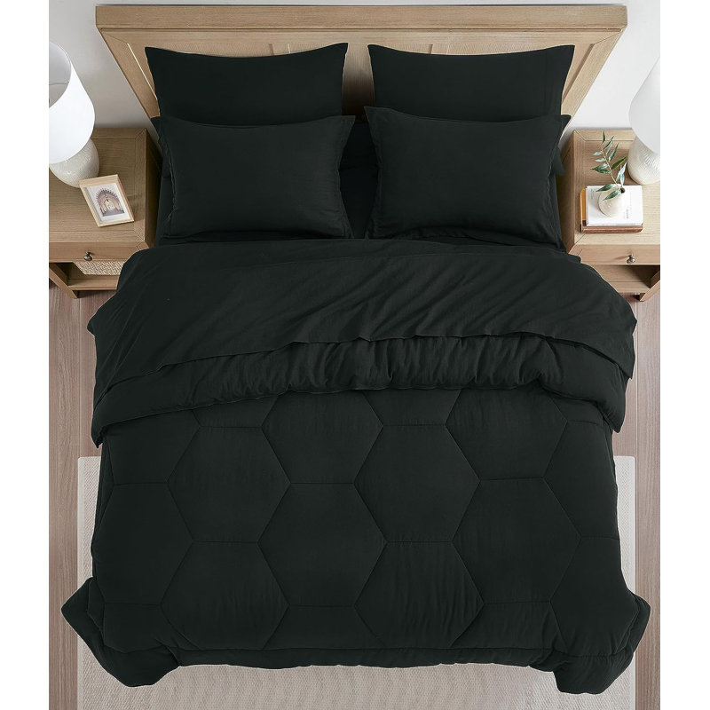 Washed Microfiber 7-Pieces Honeycomb Comforter Set with Sheets, King Comforter + 6 Additional Pieces, Black