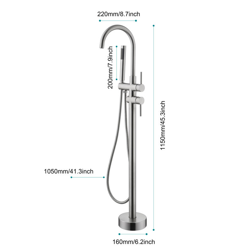 Tub Filler With Handheld Shower And 360 Degree Spin Tap Head, Stainless Steel, Floor Mounted Bathtub Faucet Jet