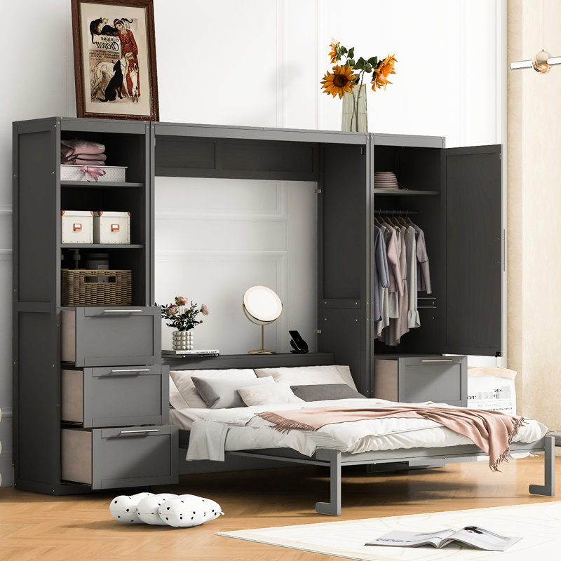 Lit gris avec garde-robe latérale et tiroir de rangement pour grand lit - Utilisez l'espace judicieusement et fonctionnel
