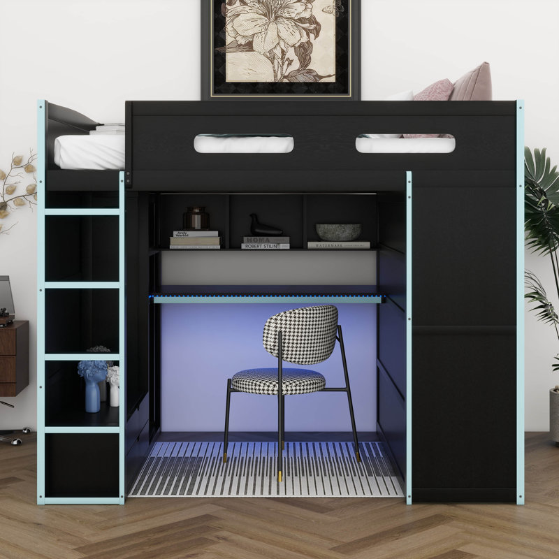 Full Size Wood Gaming Loft Bed With Built-In Desk, 2 Wardrobe, 2 Drawers, RGB LED Light And USB Port, Gamer-Inspired Design
