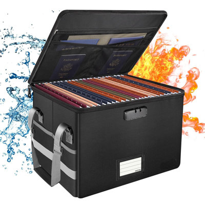 File Box With Lock,Fireproof Document Box With Zipper＆Pockets,Collapsible File Organizer Filing Storage Cabinet With Handle,Portable Home Office Safe For Hanging Letter/Legal Folder,Black