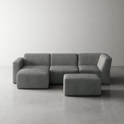 Berlare 4 - Piece Upholstered Compression Gray Corduroy Modular Sectional Sofa Set with Removable Ottoman – Fully Compressed, No Assembly Required