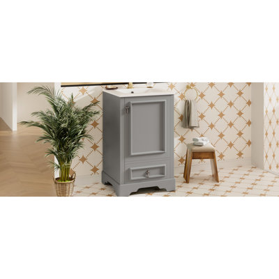Meuble-lavabo de 20 po avec lavabo en céramique, charnières à fermeture en douceur et organisateur fixé à la porte pour un cadre efficace en bois massif, porte, poignée en alliage d'aluminium, offrant un espace de rangement intelligent et moderne