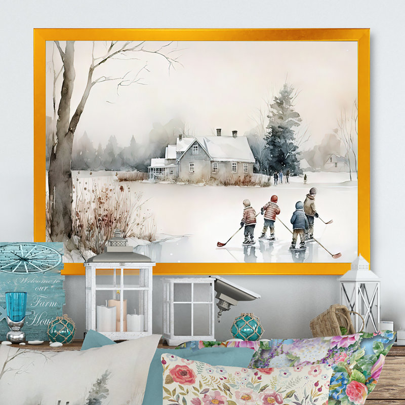 Enfants jouant au hockey en hiver II, Cadre doré simple, H 24 po x l 32 po x P 1 po