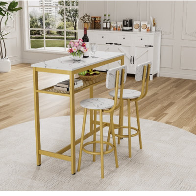 Dining Table Set with 2 Stools - 3 Piece Counter Height, White Faux Marble Top for Living Room/Breakfast