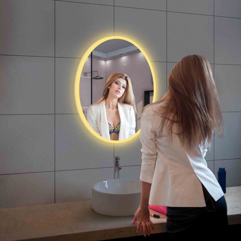 Oval Bathroom Vanity Mirror Wall Mounted with LED Lights, Frameless Lighted Bathroom Wall Mirror with Defogger and Dimmable Lighting