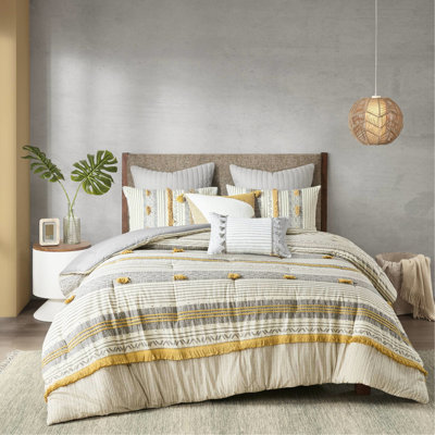 Gray/yellow Cotton Comforter Full/queen, Striped With And Trims, Filling, , Mesmerizing Bedding Full/queen Gray/yellow, Stripe , Inner, Graceful