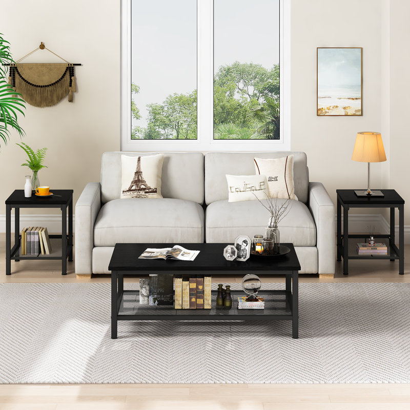 A Lightweight And Portable Coffee Table Set Of Three Pieces, With A Wood-grain Tabletop And A Black Metal Structure,unique Mesh Design For Storage Space, Simple Living Room Table Set With An Extremely High Cost Performance