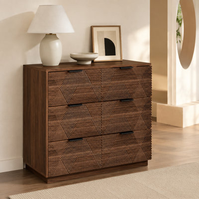 Large 6-Drawer Dresser, Mid Century Modern Walnut Chest with 3D Geometric Design, Storage Cabinet for Bedroom, Living Room, Entryway