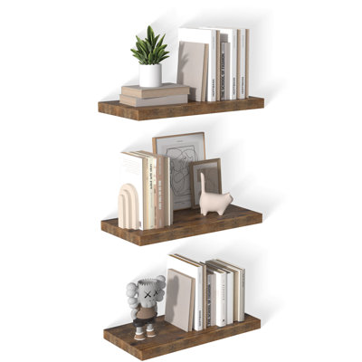  Large Floating Shelves for Wall Set of 3 Wooden Wall Shelves 24 in x 10 in x 1 in Room Decor Long Shelf with Invisible Wall Mount Bracket for Bedroom, Kitchen, Living Room, Rustic Brown