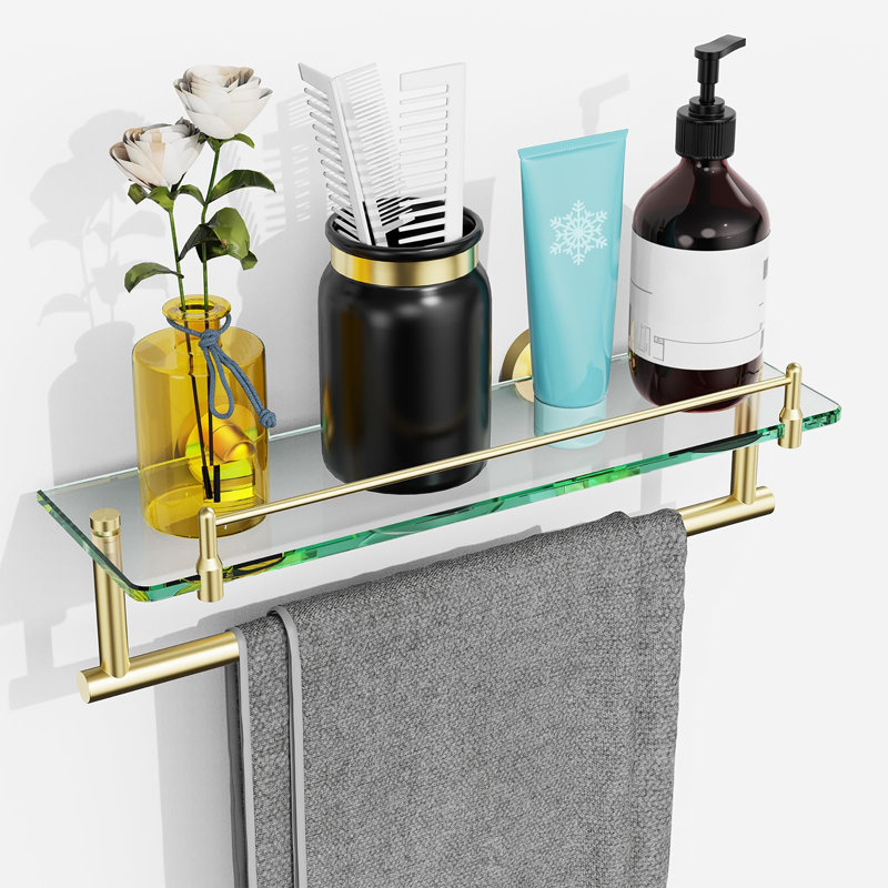 Tablette de salle de bain flottante en verre trempé 16 pouces avec barre à serviettes, Brushed Gold