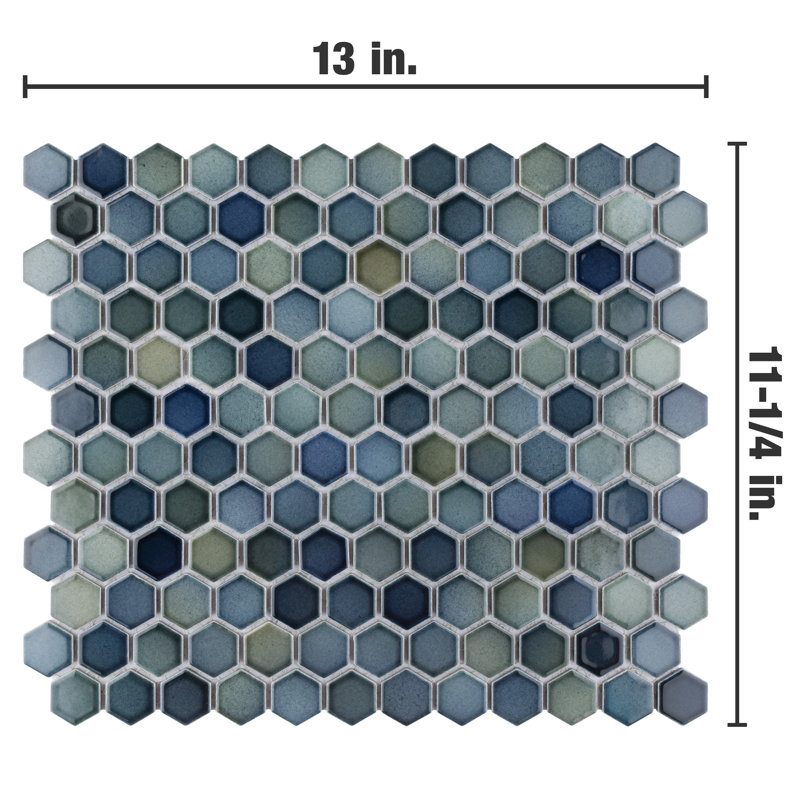 Hudson 1" Hex Atlantis 11-7/8" x 13-1/4" Porcelain Mosaic Tile, Blue