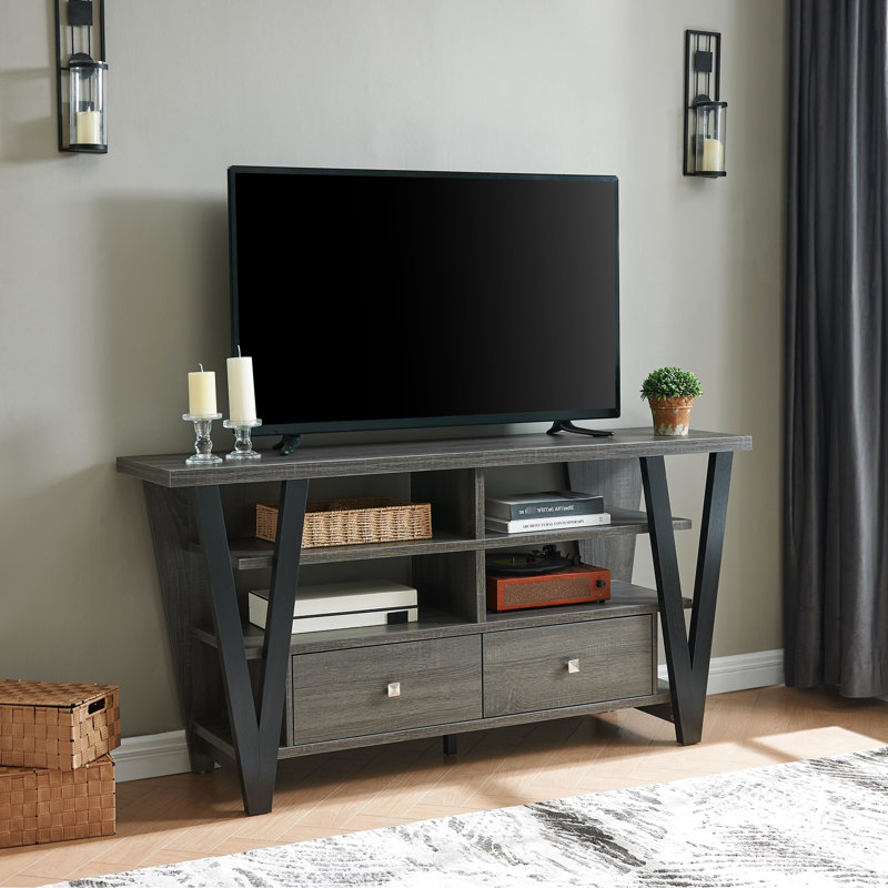 Meuble télé 30 po, 2 tiroirs et tablette, gris et noir, armoire de commande de 60 à 69 po avec gris / noir, énigmatique