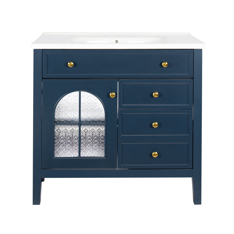 Lavabo de salle de bain Mid-Century avec verre à motif, Bleu