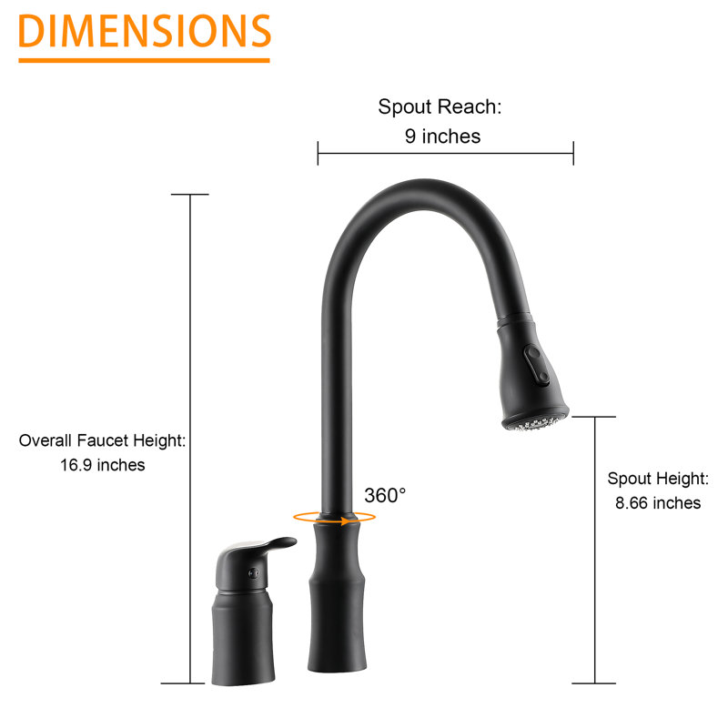 Robinet d'évier de cuisine simple noir mat avec poignée séparée, bec verseur rotatif flexible à 360 °, corps en laiton massif, modes de pulvérisation double pour laver la vaisselle et les pots de remplissage, finition facile, portée de 9 pouces