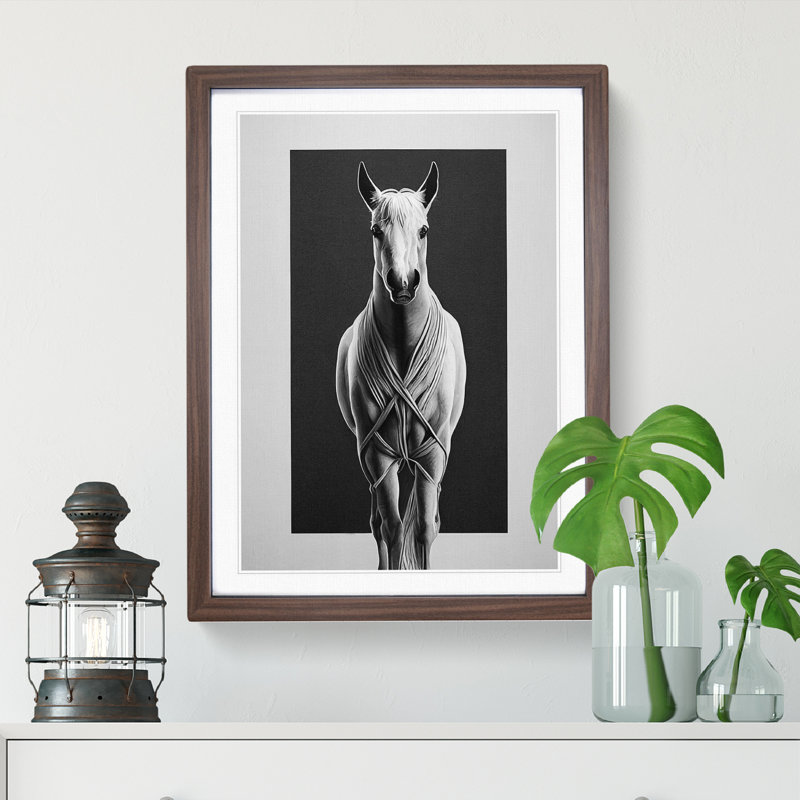 Monochrome Horse No.1 - Single Picture Frame Painting, 46cm H x 34cm W x 2cm D, Walnut