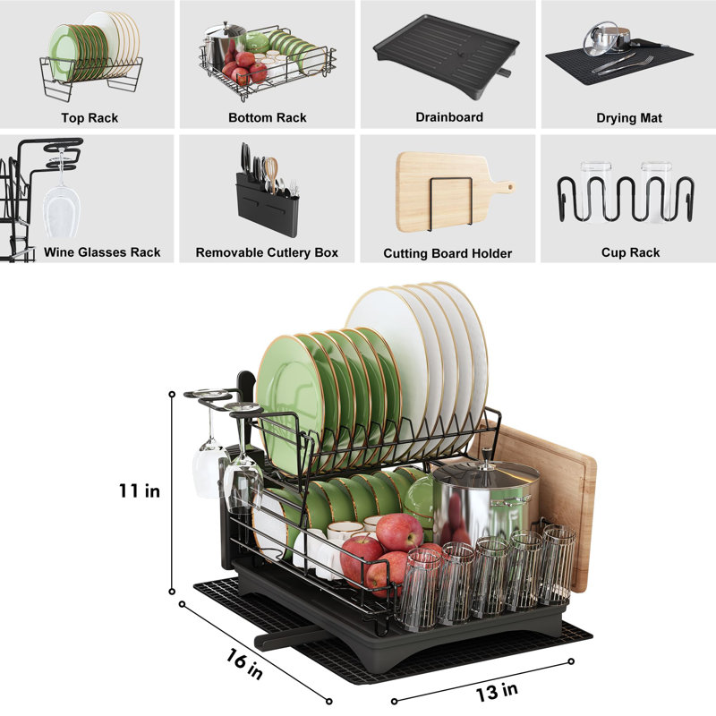 Adjustable Stainless Steel Dish Rack, Black