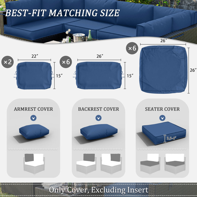 Outdoor 4” Cushion Covers Set Patio Furniture Cushion Covers, Only Covers, Blue
