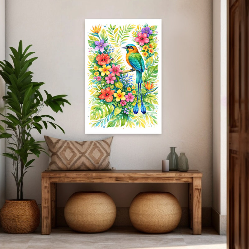Motmot dans un paysage tropical, H 48 po x l 32 po