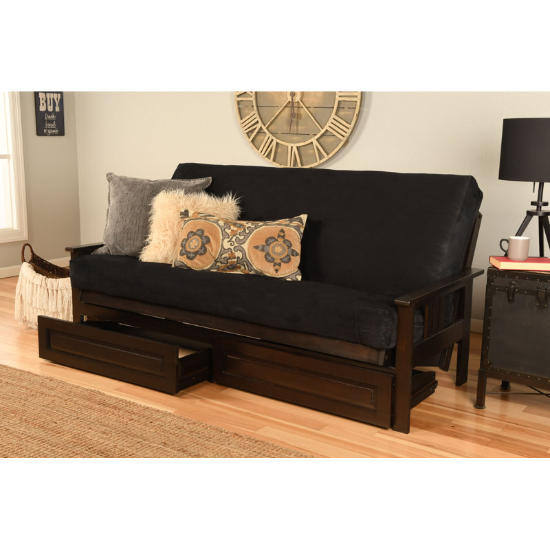Stratford Full 79" Futon Frame and Mattress with Drawer Set, Black Microsuede, Espresso