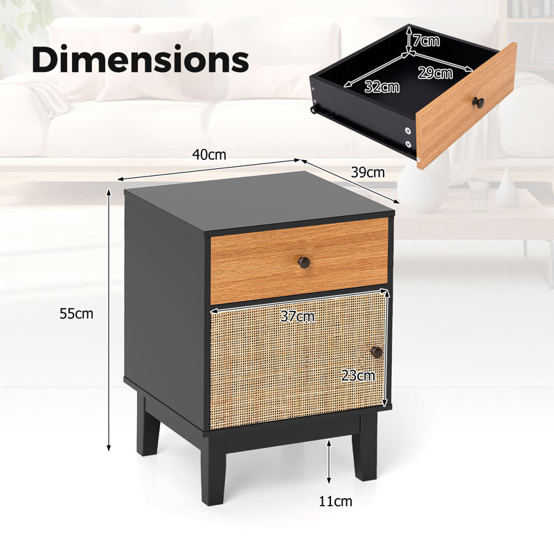 Rattan Nightstand Mid Century Modern Bedside Table W/Drawer, Black