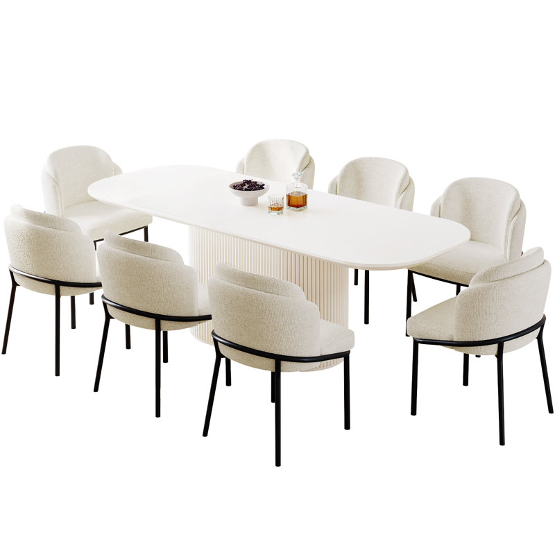 86.61" Modern Oval Cream White Dining Table Set with 8 Chairs for Kitchen, Bar, Living Room, Cream, 9 Pieces: Table, 8 Chairs