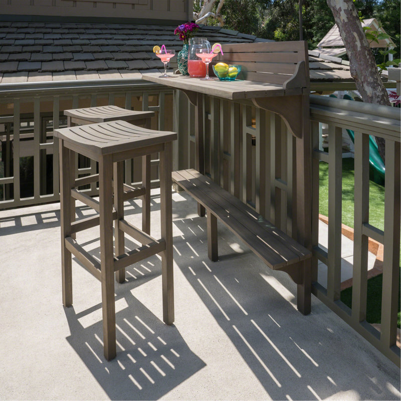 3-Piece Balcony Bar Set With Bottom Shelf Table And 2 Stools, Grey Finish