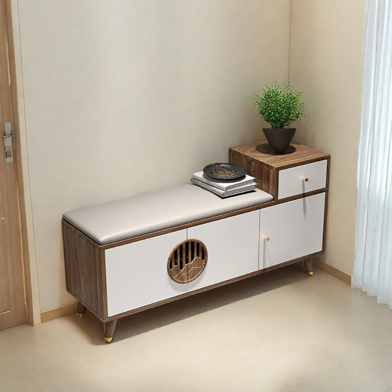 55.1in Multi-functional Shoe Storage Bench, White/Light Walnut
